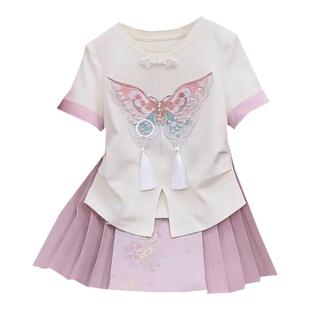 女童夏季短袖套装2025新款儿童洋气女孩国风上衣中式百褶裙两件套