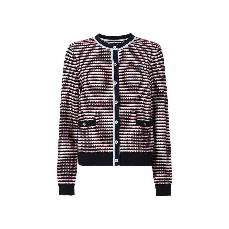 波顿2025秋冬季新款女士蓝红白撞色条纹开衫毛衣高端圆领针织上衣