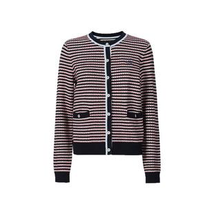 波顿2025秋冬季新款女士蓝红白撞色条纹开衫毛衣高端圆领针织上衣