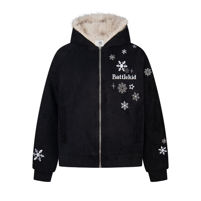 原创雪花刺绣毛领开衫连帽卫衣