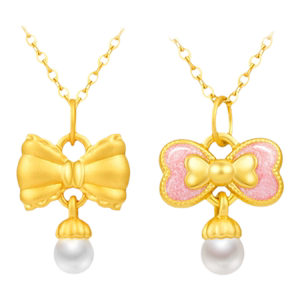 周大生黄金蝴蝶结吊坠足金珍珠项链女3D硬金挂坠可配链节日礼物