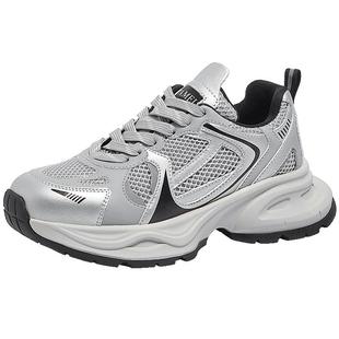 骆驼老爹鞋女鞋2025秋季新款运动鞋女款厚底显高复古银色休闲鞋子