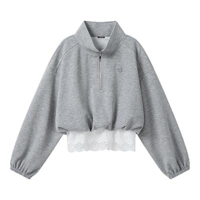 i.t GROUNDZERO国潮牌2025秋款灰色蕾丝高领卫衣长袖上衣