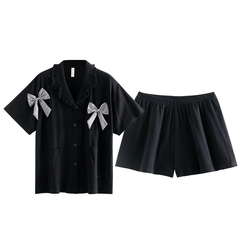 睡衣女夏季纯棉短袖短裤黑色时尚