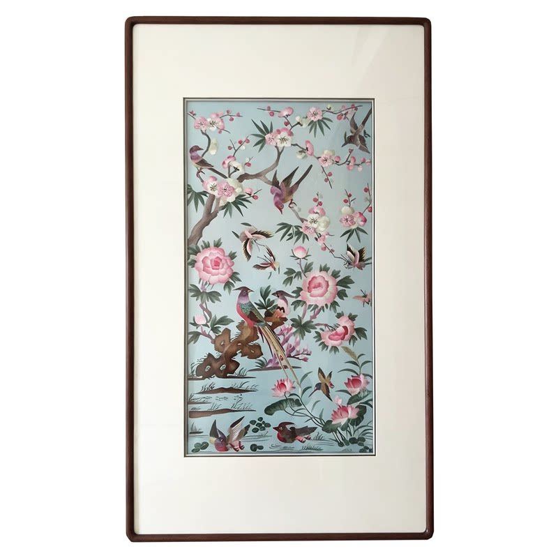 苏绣蓝色轻奢中古风玄关入户挂画书房餐厅装饰画牡丹花鸟成品刺绣