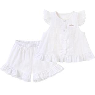 英氏女童家居服套装白色纯棉背心短裤宽松休闲夏季薄款女宝宝睡衣