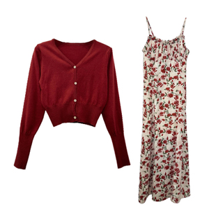 安璃 ANLI 莫奈花园~复古玫瑰碎花吊带裙红色针织开衫套装分开拍
