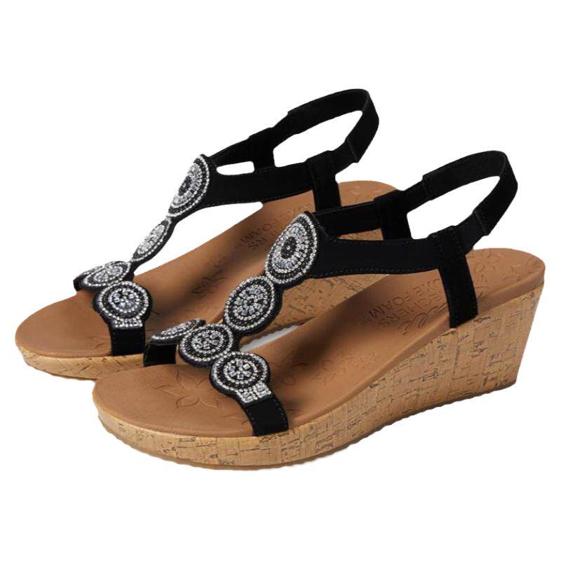 Skechers/斯凯奇女鞋凉鞋露趾坡跟中跟鞋花朵装饰魔术贴夏季新品