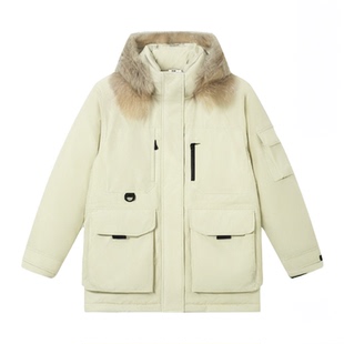 ROCKICE鹅绒羽绒服女冬季中长款保暖毛领派克服户外防风工装外套