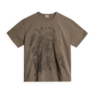 马登工装美式复古满印花T恤纯棉重磅棕色印第安vintage短袖男夏季