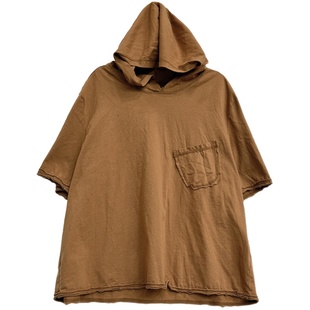 花概念夏季纯色百搭连帽T恤衫短袖女复古宽松休闲风补丁口袋上衣