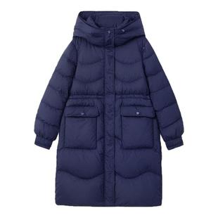 诗梦品牌女装藏青色长款羽绒服连帽白鸭绒抽绳收腰显瘦大口袋百搭