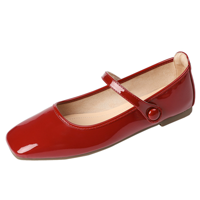 玛丽珍鞋复古平底酒红色单鞋方头