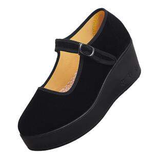 老北京布鞋女新款软底妈妈鞋2025黑色平绒厚底坡跟酒店上班工作鞋