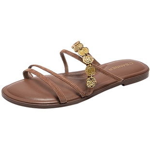 千百度复古金币链平底一字拖女新款羊皮外穿露趾凉拖鞋气质百搭