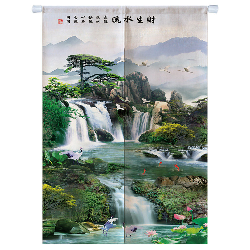 流水生财中式山水画门帘布艺客厅过道玄关隔断帘卧室卫生间风水帘