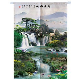 流水生财中式山水画门帘布艺客厅过道玄关隔断帘卧室卫生间风水帘