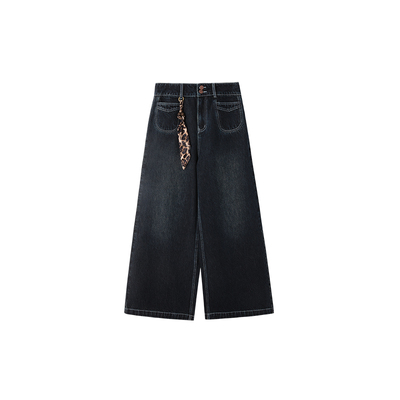 时然大码美式复古阔腿牛仔裤