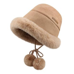 ROUIIEFAO系绳毛绒渔夫帽子女冬季加厚保暖蒙古帽显脸小护耳盆帽