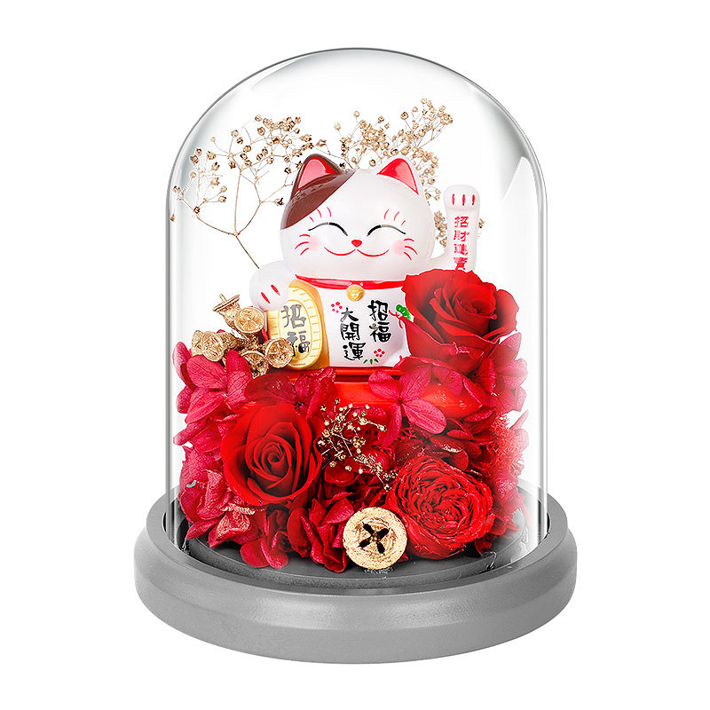 永生真花玫瑰花吉祥猫生日礼物