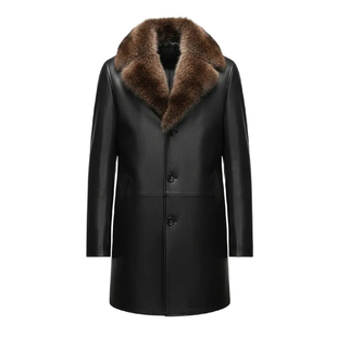 狄斯仑男士真皮山羊皮皮衣高端美洲貉毛领水貂内胆中长款皮草外套