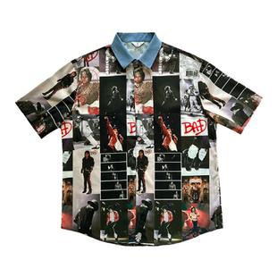 出差夏威夷23ss原创迈克杰克逊衣服短袖衬衫复古印花美式衬衫男女