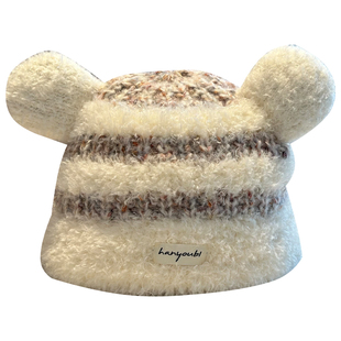 2025新款可爱小熊耳朵针织毛线帽子女秋冬加厚保暖防寒条纹毛绒帽