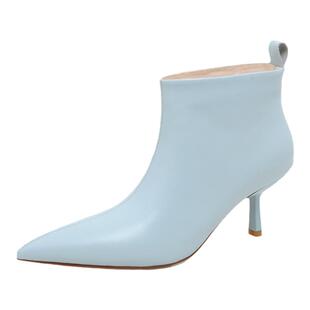 洋气真皮短靴女单靴尖头细高跟鞋浅蓝色马丁靴个性时尚百搭纯皮女