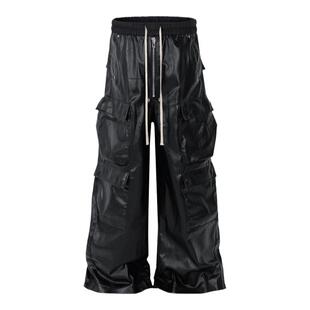 RO风格潮牌暗黑多口袋工装直筒休闲抽绳哑光面涂层阔腿拖地裤男女