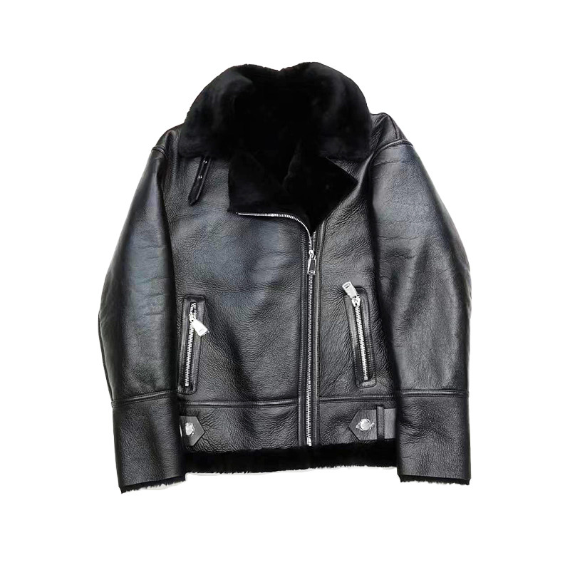 断码清版进口皮毛一体机车服羔羊毛外套女皮质大衣冬季保暖外套