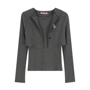 大佬街舞潮牌美式慵懒风条纹长袖T恤辣妹假两件修身显瘦上衣7885