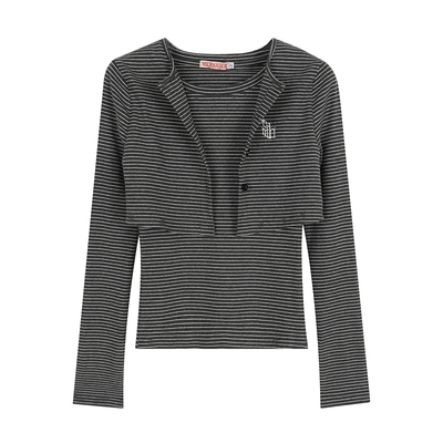 美式慵懒风条纹长袖T恤假两件