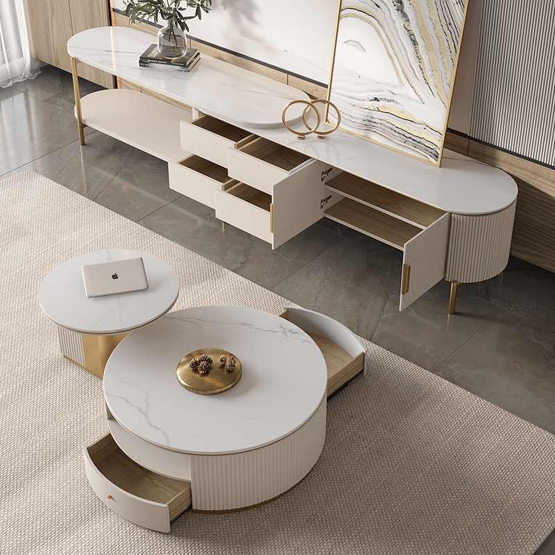 现代轻奢可伸缩电视柜小户型客厅烤漆储物地柜岩板电视柜茶几组合