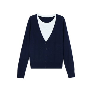 pusumede 薄雾山岭 假两件长袖针织衫女撞色长袖毛衣慵懒气质上衣