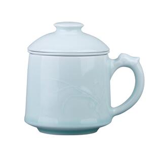 昌南浮雕影青瓷喝茶杯景德镇陶瓷带盖过滤泡茶杯办公室茶水分离杯