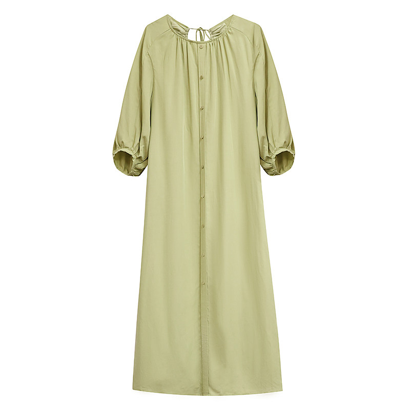 Lenayan亚麻连衣裙春夏新款圆领单排扣纯色小个子简约中长裙女