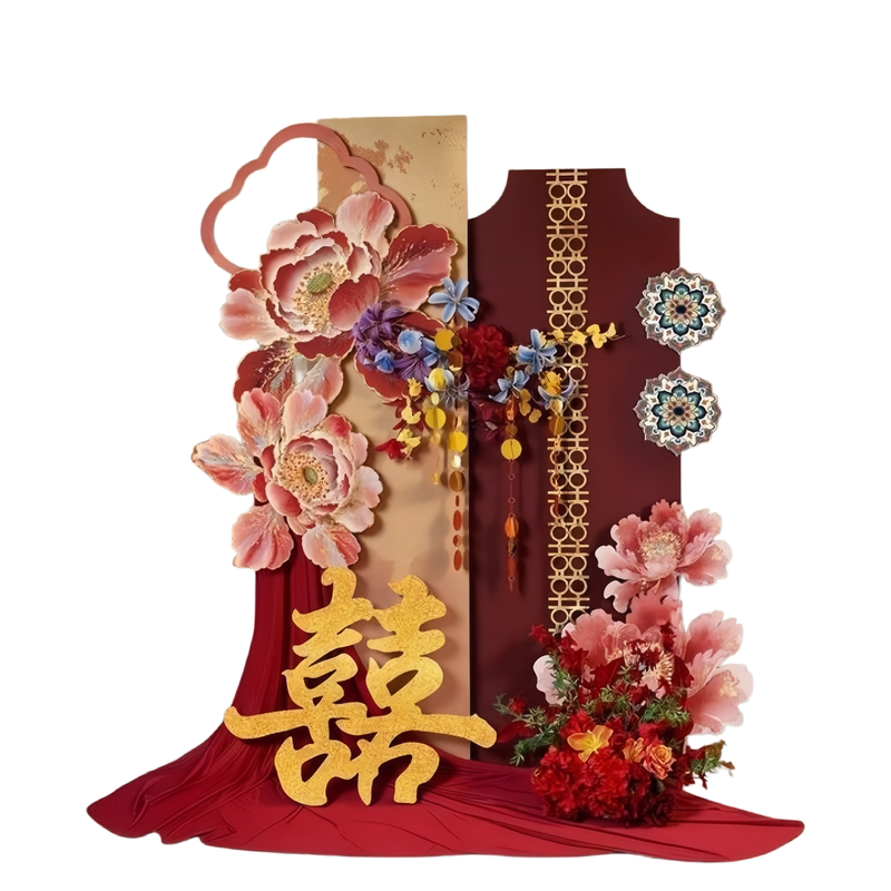 国潮牡丹kt展板中式婚房布置套装