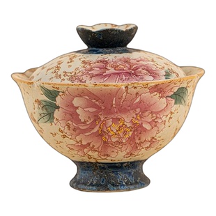 新中式老岩泥牡丹花二才盖碗山石釉泡茶碗复古功夫茶具茶杯敬茶碗