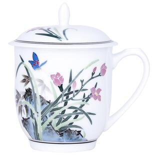 云火窑釉下彩手绘毛瓷杯带盖薄款500毫升茶杯办公室水杯高档礼品