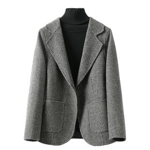 双面羊毛大衣女短款修身气质格子西装领春秋新款羊毛呢外套小个子
