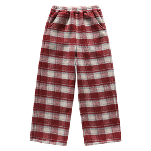 女童复古红格子阔腿裤加绒保暖高腰宽松毛呢长裤冬季新年百搭裤子