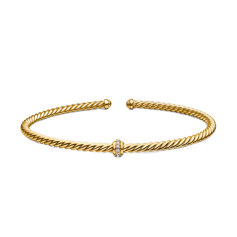 David Yurman大卫雅曼全金中间满钻钢丝绳手镯DY轻奢开口女3MM