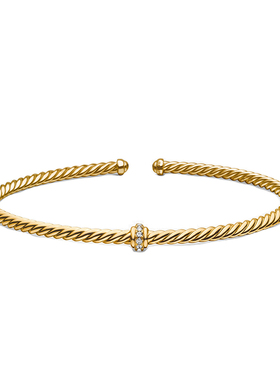 David Yurman大卫雅曼全金中间满钻钢丝绳手镯DY轻奢开口女3MM