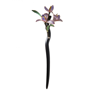 非遗绒花原创新中式发簪黑檀木紫兰花中国风古典汉服旗袍发饰头饰