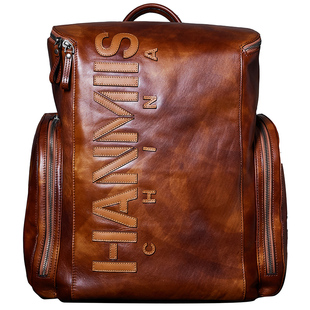 【原创奢品】复古机车背包植鞣头层牛皮双肩包水桶休闲包真皮男士