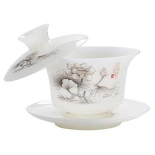 高档正品璞玉盖碗冰种陶瓷马蹄三才碗薄胎悬停不烫手白瓷茶具大号