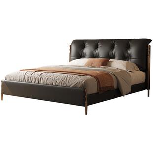 2025新款中古复古现代轻奢主卧真皮大床高脚实木四柱头层牛皮青皮