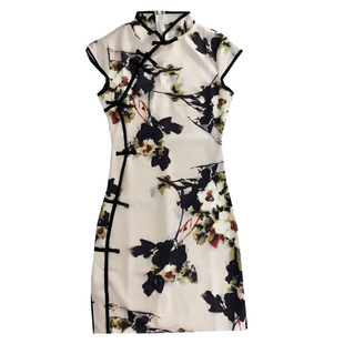 2025旗袍女夏新款性感短款欧美复古水墨印花时尚大气修身气质显瘦