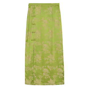 固执夏季新款中式国风盘扣绿色提花开衩中长款显瘦直筒半身裙