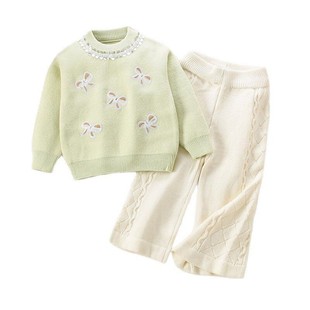 儿童波拉毛衣套装秋冬新款女宝宝刺绣结针织圆领毛衣韩版毛衣套裤